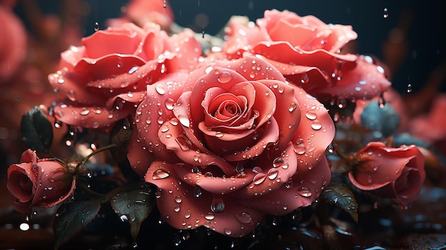 3d belle rose gouttes d'eau générative ai