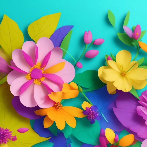 3d belles fleurs et feuilles de printemps colorées sur un fond de couleur avec un espace négatif