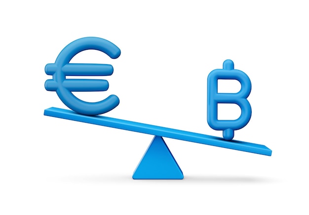 3d blanc symbole euro et baht sur des icônes bleues arrondies avec illustration 3d de balançoire de poids d'équilibre 3d