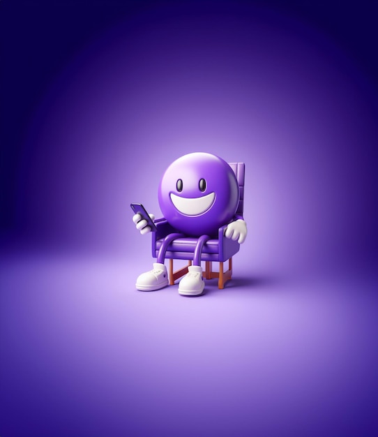 3d Une chaise violette avec un smiley tenant un téléphone et une chaise pourpre