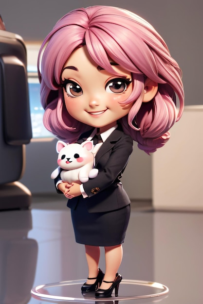 Photo 3d chibi une femme en costume d'affaires tenant un chat et un animal en peluche dans ses mains avec un téléviseur dans