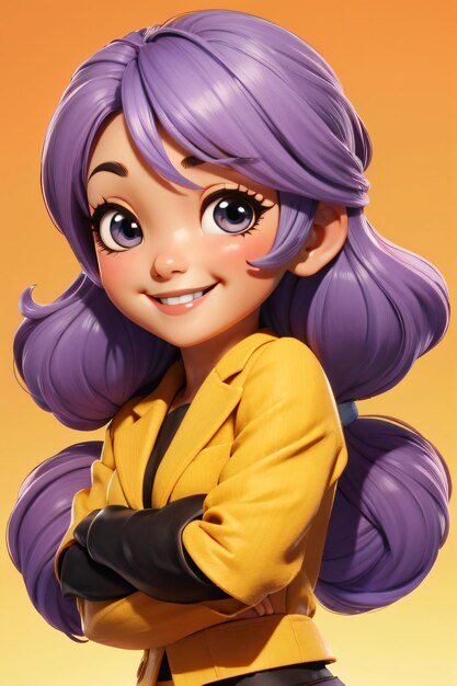 Photo 3d chibi un personnage de dessin animé avec des cheveux violets et une veste jaune sur un fond jaune avec un ye