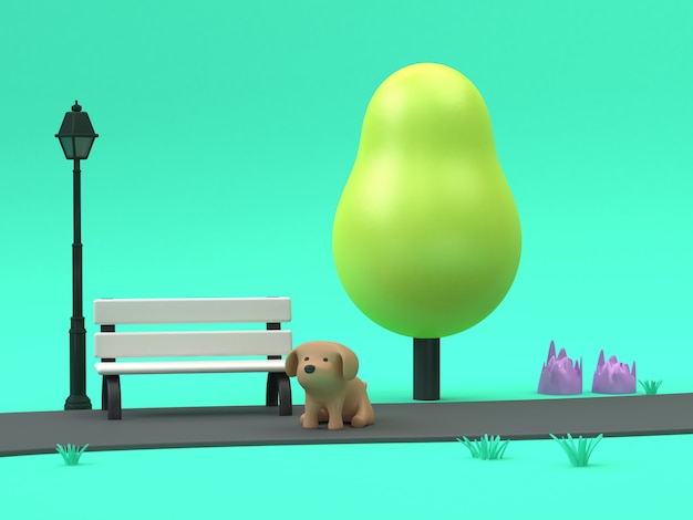 3d Chien De Dessin Animé Dans Passerelle Verte Parcs Passerelle Basse Poly Arbre Avec Lampe De Chaise Rendu 3d Scène Verte