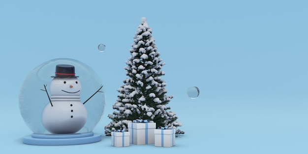 3d ChristmasNew Year background Boîte-cadeau de sapin de Noël recouvert de neige et boule de cristal avec bonhomme de neige