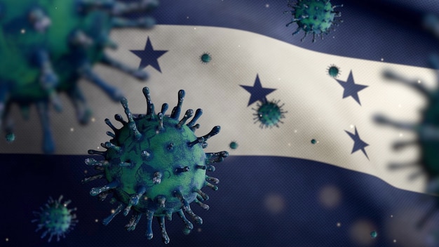 3D, coronavirus de la grippe flottant au-dessus du drapeau hondurien, un agent pathogène qui attaque les voies respiratoires. Bannière du Honduras agitant avec le concept d'infection par le virus de la pandémie de Covid19. Enseigne de texture de tissu véritable