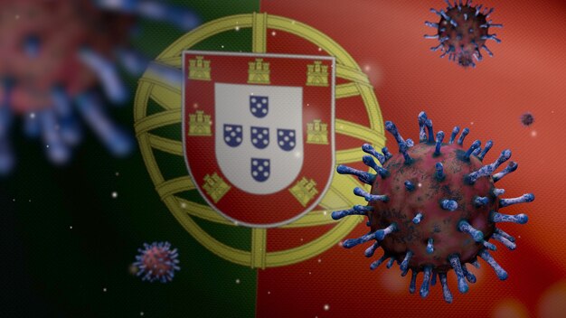 3D, coronavirus de la grippe flottant au-dessus du drapeau portugais, un agent pathogène qui attaque les voies respiratoires. Bannière du Portugal agitant avec le concept d'infection par le virus de la pandémie de Covid19. Enseigne de texture de tissu véritable
