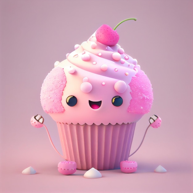 3d Cute Pink Cartoon Cupcake Character Generative AI