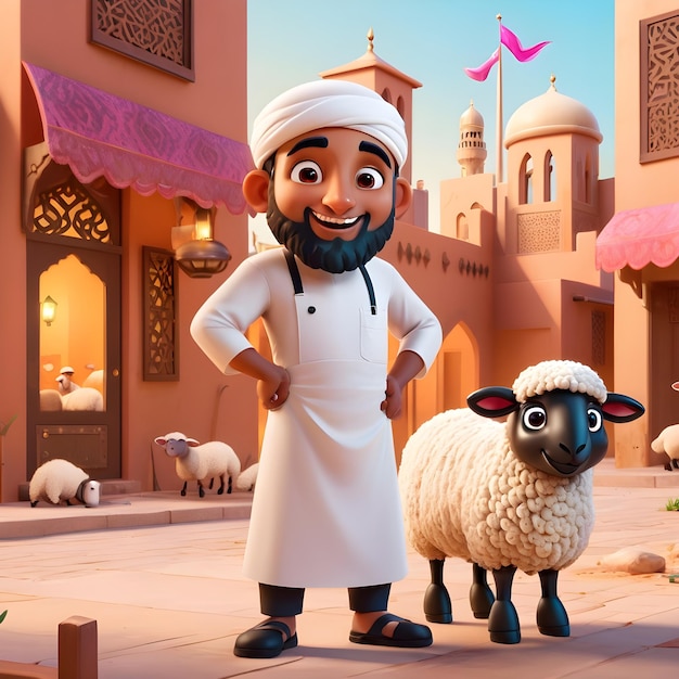 3d dessin animé mignon boucher musulman avec un mignon heureux mouton Eid