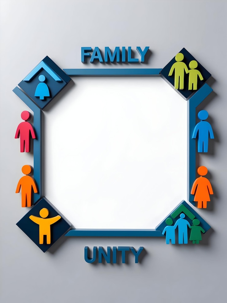 Photo 3d diversité familiale frontière avec l'unité concept de texte comme un cadre de frontière moderne présentant une famille abstraite