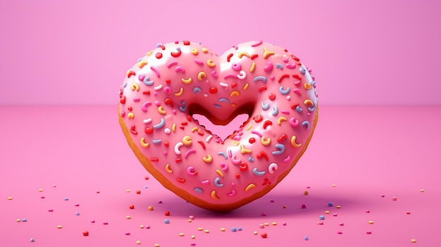 3d Donut Heart avec fond rose Valentine Love AI générative