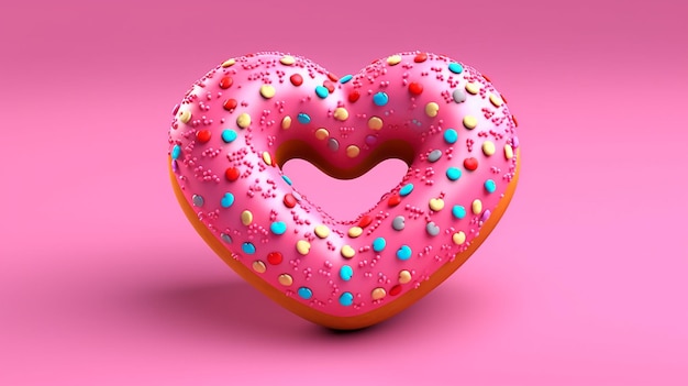 3d Donut Heart avec fond rose Valentine Love AI générative