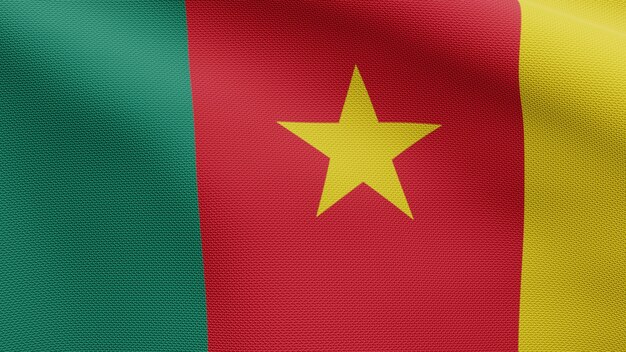 3D, drapeau camerounais flottant au vent. Gros plan sur la bannière du Cameroun soufflant, soie douce et lisse. Fond d'enseigne de texture de tissu de tissu.