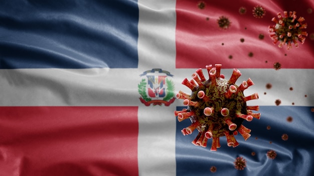 3D, drapeau Dominicana agitant avec une épidémie de coronavirus infectant le système respiratoire comme une grippe dangereuse. Virus de la grippe de type Covid 19 avec modèle national de la République dominicaine soufflant