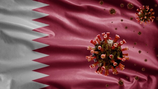 3D, drapeau du Qatar agité avec une épidémie de coronavirus infectant le système respiratoire comme une grippe dangereuse. Virus de la grippe de type Covid 19 avec modèle national du Qatar soufflant