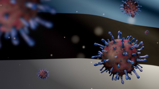 3D, drapeau estonien avec une épidémie de coronavirus infectant le système respiratoire comme une grippe dangereuse. Virus Covid 19 de type grippe avec fond de soufflage de bannière nationale estonienne. Notion de risque de pandémie