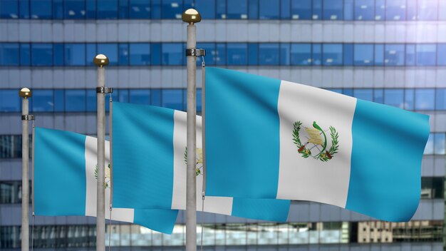 3D, drapeau guatémaltèque ondulant sur le vent avec la ville moderne de gratte-ciel. Bannière Guatemala soufflant, soie douce et lisse. Fond d'enseigne de texture de tissu de tissu. Concept d'occasions de fête nationale et de pays.