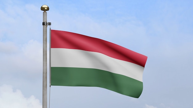 3D, drapeau hongrois sur le vent avec ciel bleu et nuages. Bannière de Hongrie soufflant, soie douce et lisse. Fond d'enseigne de texture de tissu de tissu. Utilisez-le pour le concept d'occasions de fête nationale et de pays.