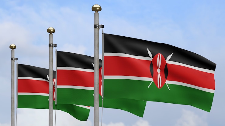 Photo 3d, drapeau kenyan sur le vent avec ciel bleu et nuages. gros plan sur la bannière du kenya soufflant, soie douce et lisse. fond d'enseigne de texture de tissu de tissu.