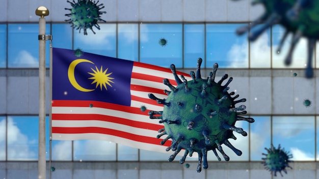 3D, drapeau malaisien et ville de gratte-ciel moderne avec le concept Coronavirus 2019 nCov. Éclosion asiatique en Malaisie, grippe à coronavirus en tant que cas dangereux de souche de grippe en tant que pandémie.
