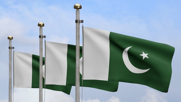 3D, drapeau pakistanais sur le vent avec ciel bleu et nuages. Gros plan sur la bannière du Pakistan soufflant, soie douce et lisse. Fond d'enseigne de texture de tissu de tissu.