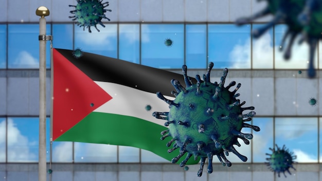 3D, drapeau palestinien agitant avec la ville de gratte-ciel moderne et le concept nCov du Coronavirus 2019. Éclosion asiatique en Palestine, grippe à coronavirus comme pandémie. Microscope virus Covid19