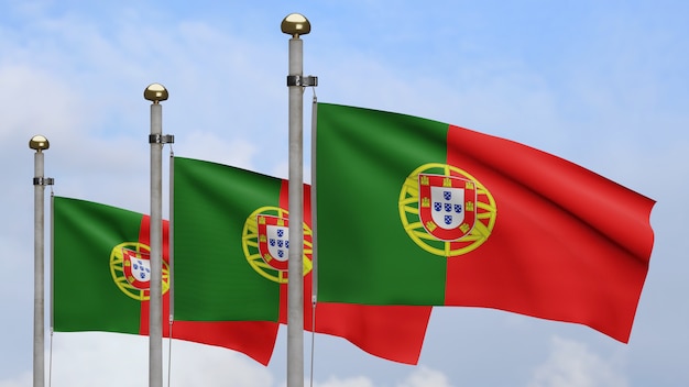 3D, drapeau portugais sur le vent avec ciel bleu et nuages. Gros plan sur la bannière du Portugal soufflant, soie douce et lisse. Fond d'enseigne de texture de tissu de tissu.