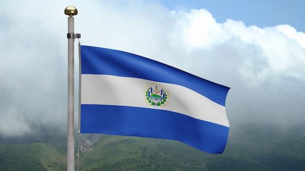 3D, drapeau salvadorien ondulant sur le vent à la montagne. Bannière Salvador soufflant de la soie lisse. Fond d'enseigne de texture de tissu de tissu. Utilisez-le pour le concept d'occasions de fête nationale et de pays.