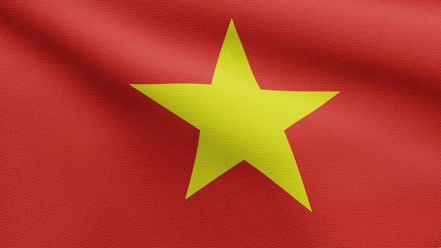 3D, drapeau vietnamien ondulant sur le vent. Gros plan sur la bannière vietnamienne soufflant, soie douce et lisse. Fond d'enseigne de texture de tissu de tissu.