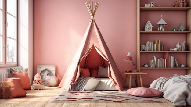 3d enfants chambre tipi en bois style premium arrière-plans minimalistes rose réalisme 3d