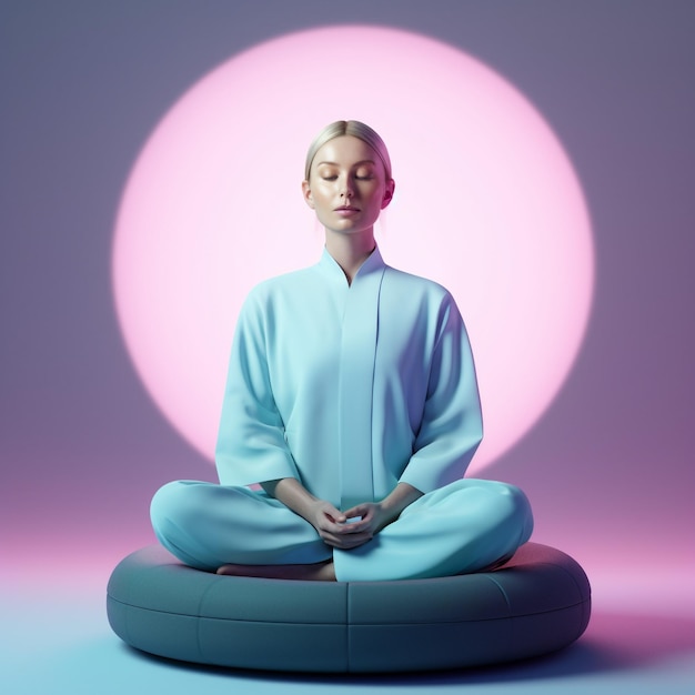 3d d'une femme méditant le concept de yoga