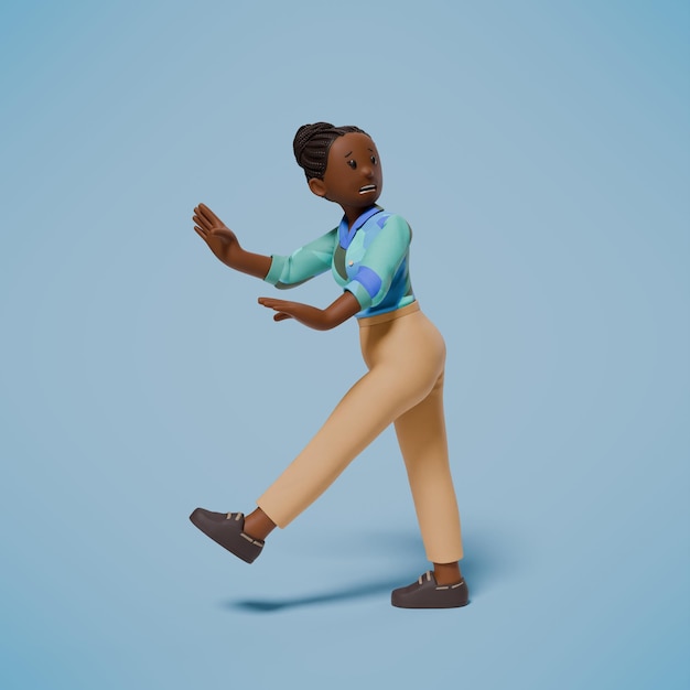 3D femme panique et peur tout en marchant avec fond bleu