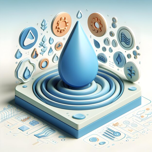 3d Flat Icon Concept de conservation de l'eau Une goutte d'eau créant des ondulations sur une surface avec un conservateur