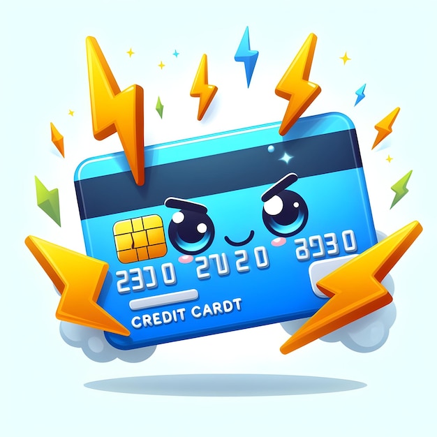 Photo 3d flat icon concept de puissance de crédit comme boulons de foudre frappant cartes de crédit avec fond blanc et