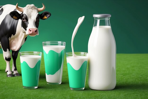 Photo 3d fresh milk ad template cows on green farm field background milk splash with glass