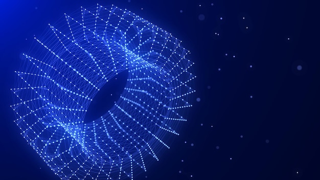 3D futuristic geometric shape with dots and lines Structure technology network connection Abstract wireframe twist form Ai in dark cyberspace background 3D rendering