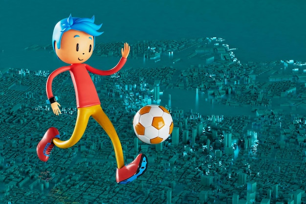 3D garçon personnage joueur de football dans l'action de football 3d illustration sport fond concept hommes coup de pied mouvement sport action personne graphique fond d'écran dessin animé jeu football affiche créative mise en page