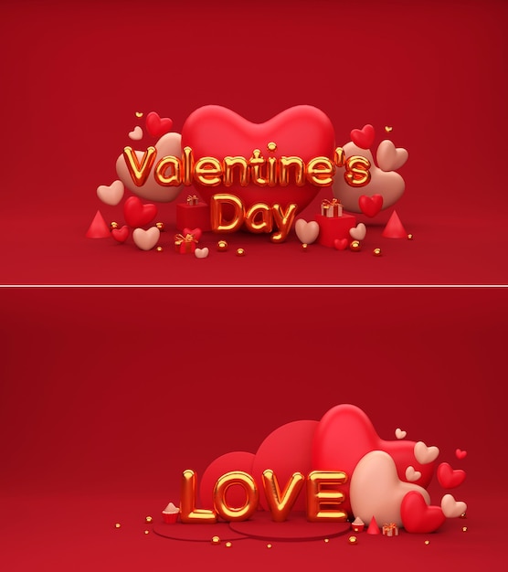 3D Golden Valentines Day And Love Balloon Font Avec Coeurs Coffrets Cadeaux Boules Décorées Fond Rouge En Deux Options
