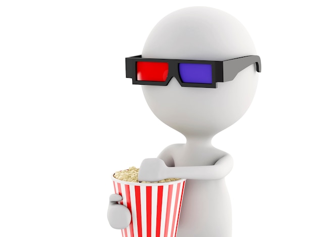 3D homme blanc avec des lunettes 3d et pop-corn, fond blanc isolé