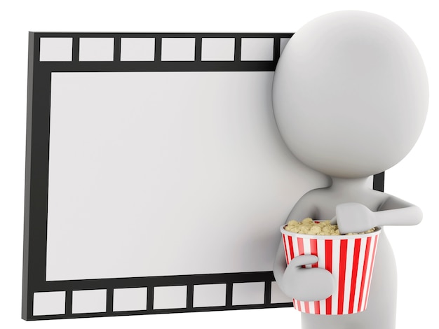 3D homme blanc avec pop-corn et bobine de film.