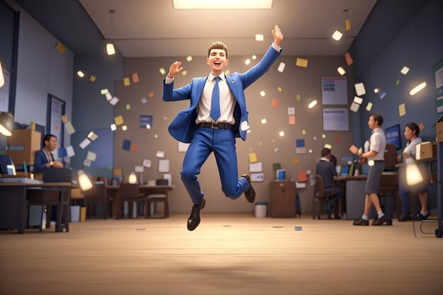 3d homme célébrant une victoire homme d'affaires gagnant heureux employé de bureau sautant de joie oui geste illustration 3d rendu 3d