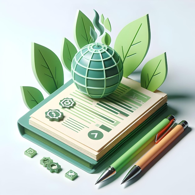 3d Icône plate Concept de politique environnementale Documents et stylos à côté de la législation verte avec ba blanc