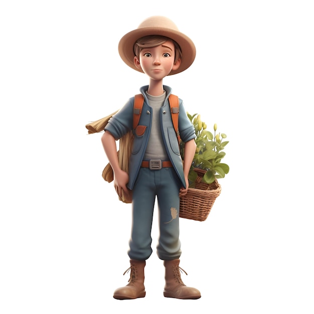 3d illustration d'un agriculteur avec un panier de plantes isolé sur fond blanc