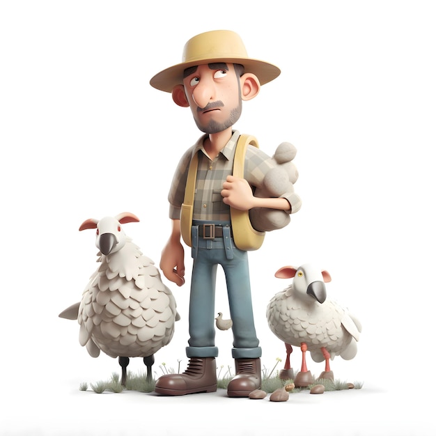 3d illustration d'un agriculteur avec un troupeau de moutons sur fond blanc