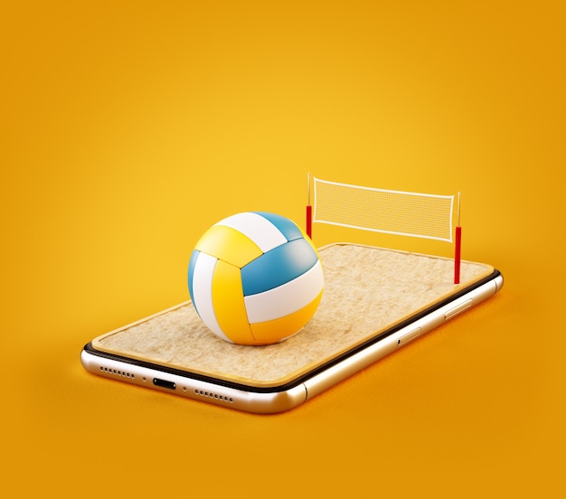 3d illustration d'un ballon de volley-ball et sur le court sur un écran de smartphone