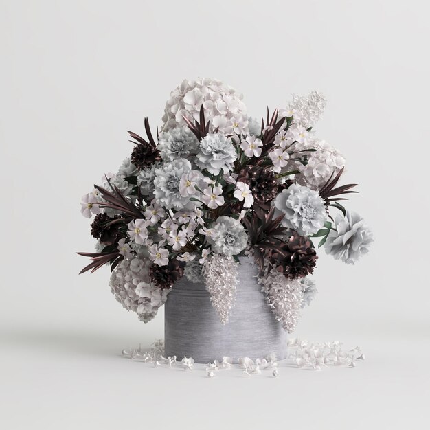 3d illustration de belles fleurs dans un vase romantique isolé sur fond blanc