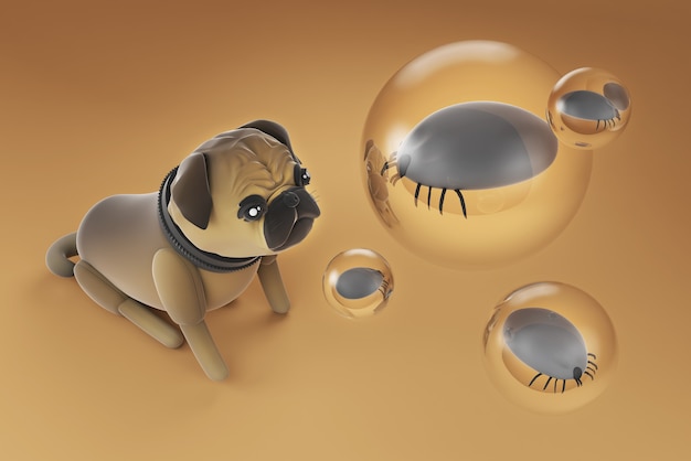 3d illustration chien à la recherche de tique flottant