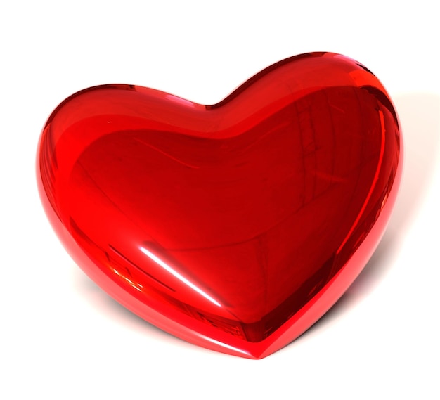 3d illustration de coeur rouge brillant sur une surface blanche avec ombre
