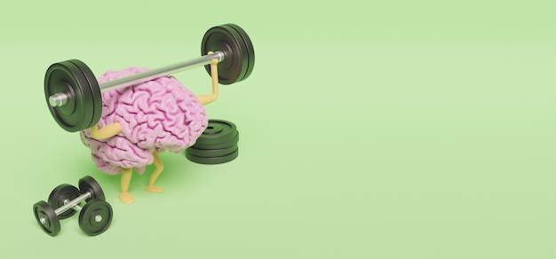 3d illustration du cerveau rose avec les jambes et les bras exerçant avec des haltères sur la surface verte