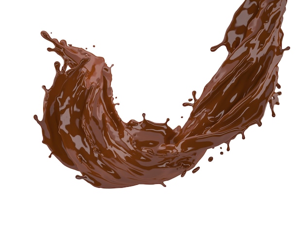 Photo 3d illustration d'éclaboussure de chocolat sur fond blanc avec un tracé de détourage