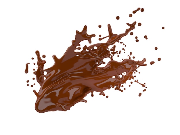Photo 3d illustration d'éclaboussures de chocolat sur fond blanc avec un tracé de détourage